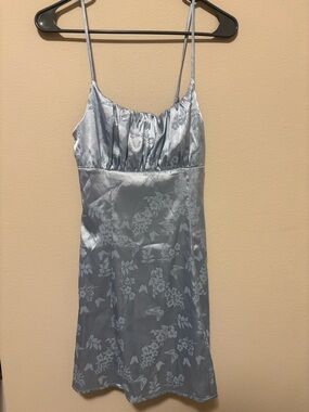 Light Blue Satin Floral Midi Slip Dress with Spaghetti Straps